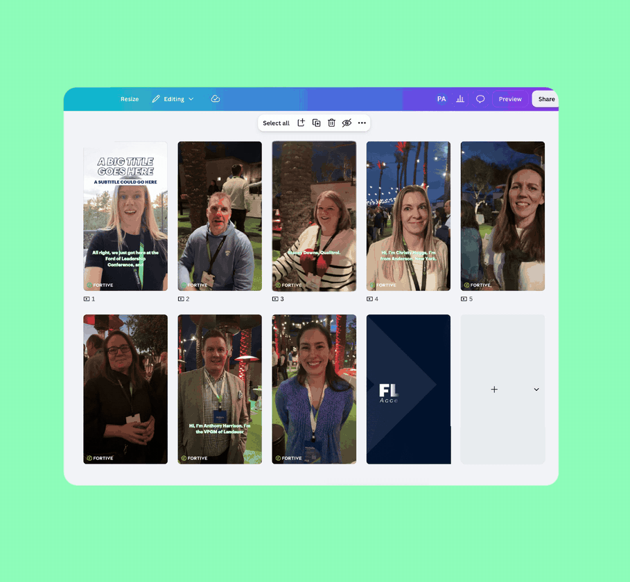 GIF showing Fortive’s Canva video templates with branded captions, text overlays, and animated end cards for creating same-day event content for LinkedIn.