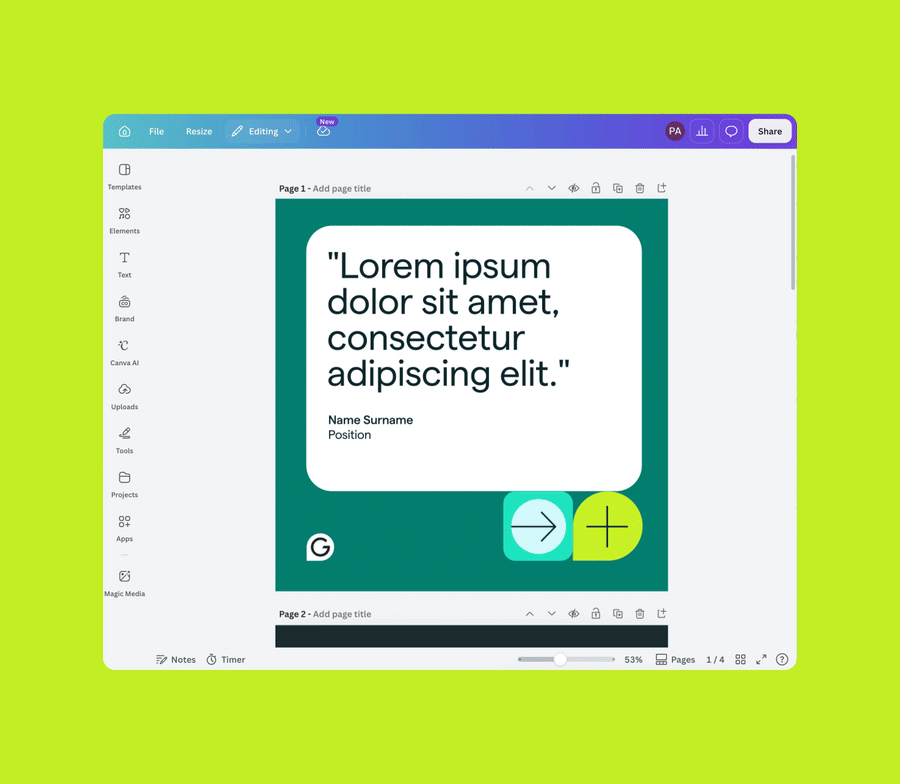 GIF showing Grammarly’s editable Canva templates for webinars and paid campaigns, demonstrating how marketers can update copy, imagery, and layouts without relying on designers.