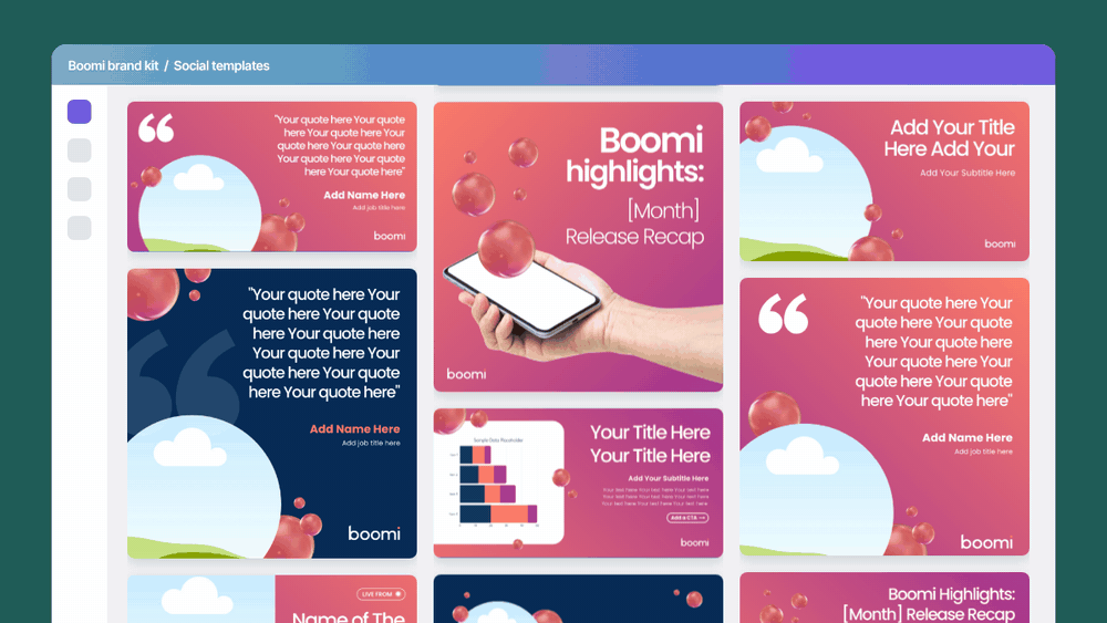 GIF showing Boomi’s reusable Canva template library for social media, events, and content marketing, enabling teams to customize branded assets independently.