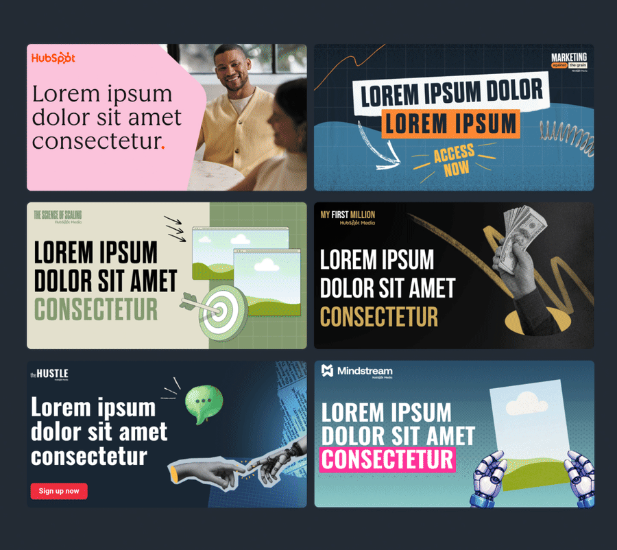 GIF showing HubSpot’s Canva template library for six media brands, demonstrating how marketers can customize promotional assets while maintaining each brand’s visual identity.